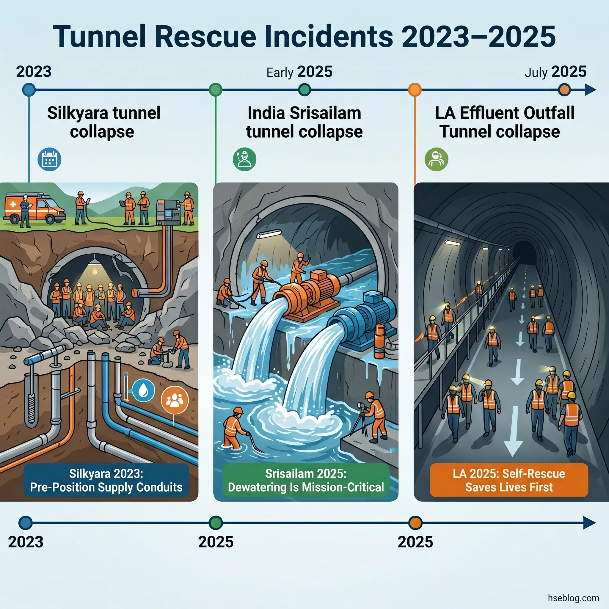 Timeline illustration of three tunnel rescue incidents from 2023-2025: Silkyara tunnel collapse with pre-positioned supply conduits, India Srisailam tunnel collapse requiring dewatering operations, and LA Effluent Outfall tunnel collapse with self-rescue evacuation procedures.