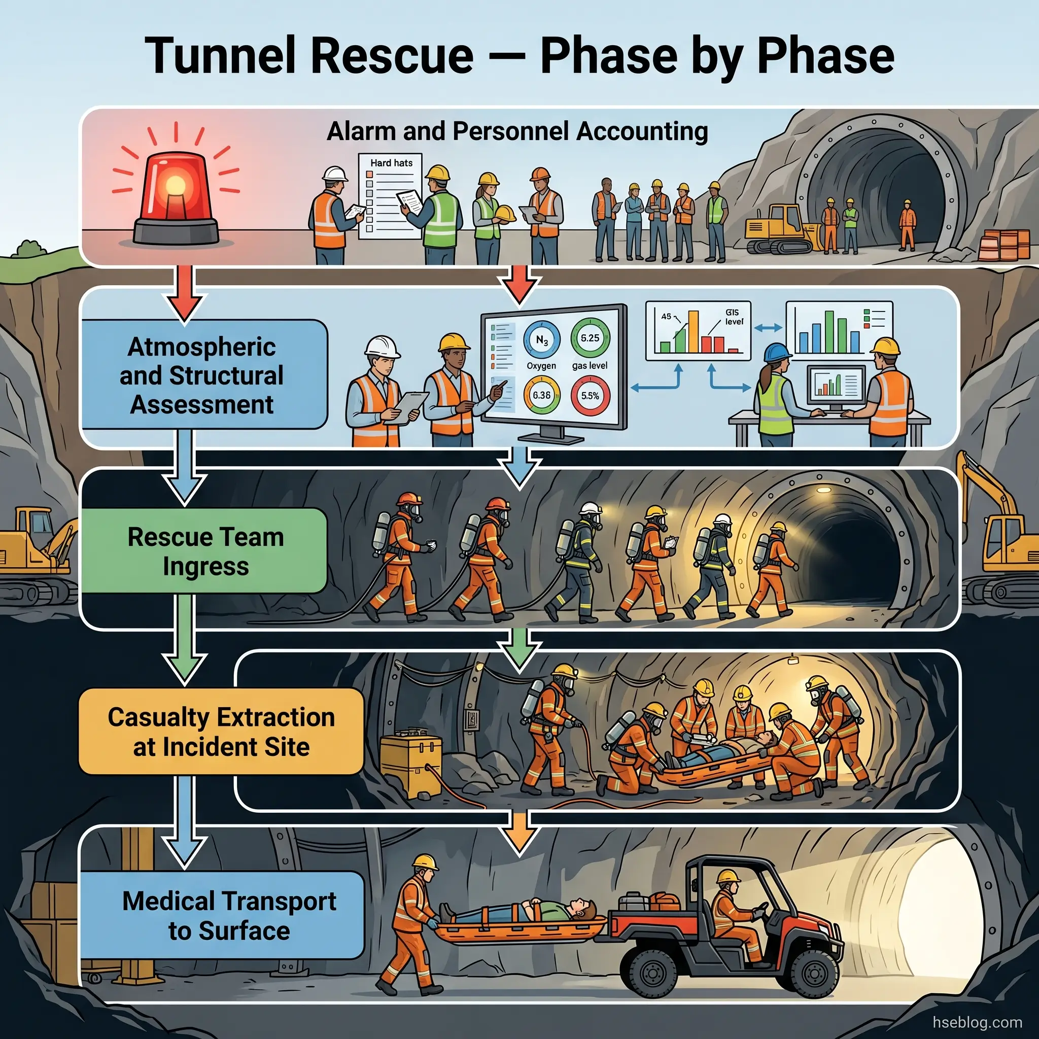 Infographic showing five sequential phases of a tunnel rescue operation: alarm and personnel accounting, atmospheric and structural assessment, rescue team ingress, casualty extraction at incident site, and medical transport to surface.