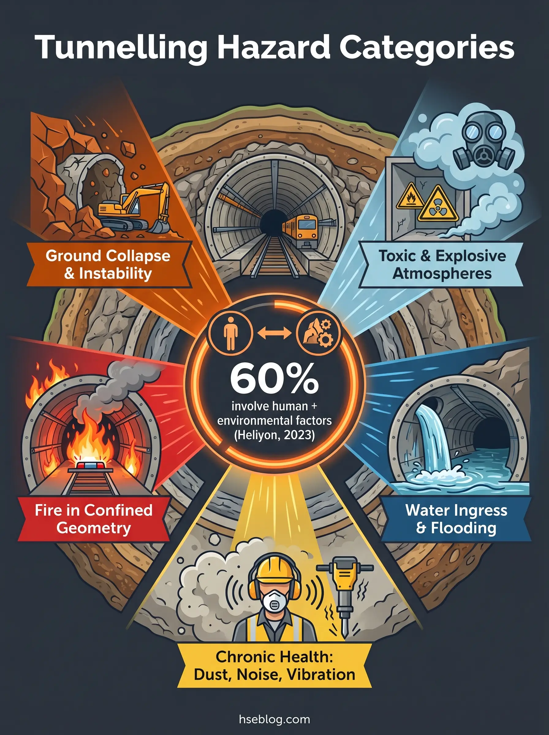Infographic showing six major tunnelling hazard categories arranged in a circle around a central statistic: ground collapse, toxic atmospheres, fire in confined spaces, water ingress, chronic health effects, and environmental factors.