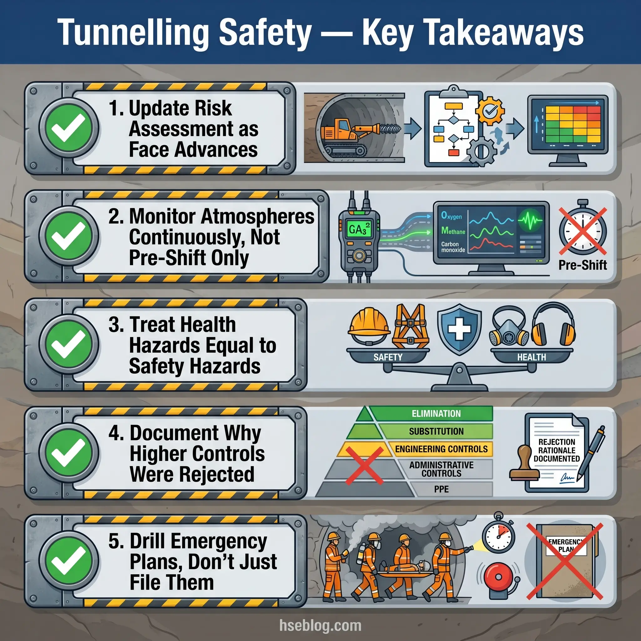 Infographic displaying five key safety takeaways for tunnelling work, including risk assessment updates, continuous atmospheric monitoring, health hazard prioritization, control rejection documentation, and emergency plan drills.