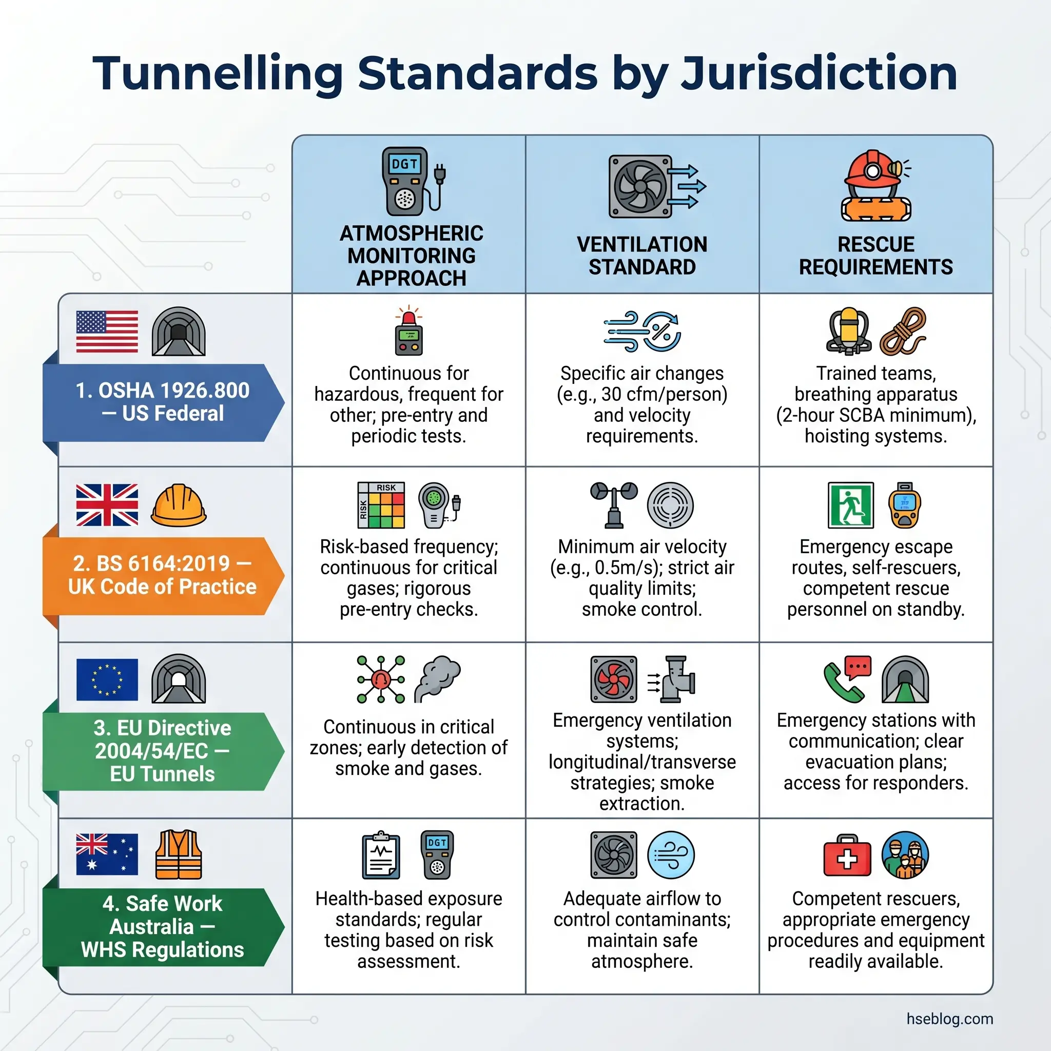 Comparison table of tunnelling safety standards across four jurisdictions showing atmospheric monitoring, ventilation, and rescue requirements for OSHA, UK, EU, and Australian regulations.