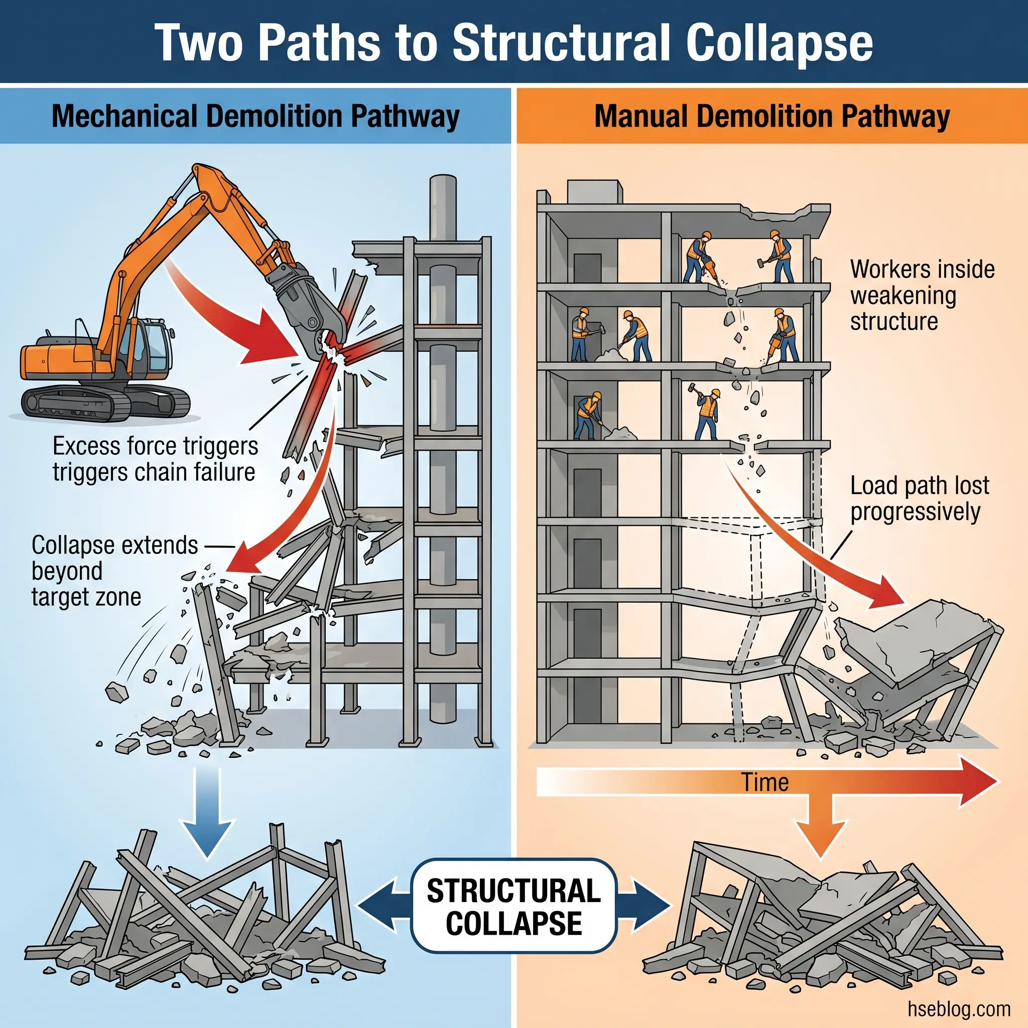 Infographic comparing mechanical and manual demolition pathways to structural collapse, showing how excess force triggers chain failure versus progressive load loss over time.