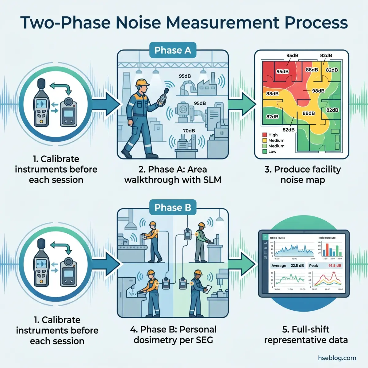 Illustrated flowchart showing a two-phase industrial noise measurement process: Phase A includes instrument calibration and facility area walkthrough with sound level meter to produce noise maps; Phase B involves calibration and personal dosimetry monitoring per worker with full-shift data analysis.