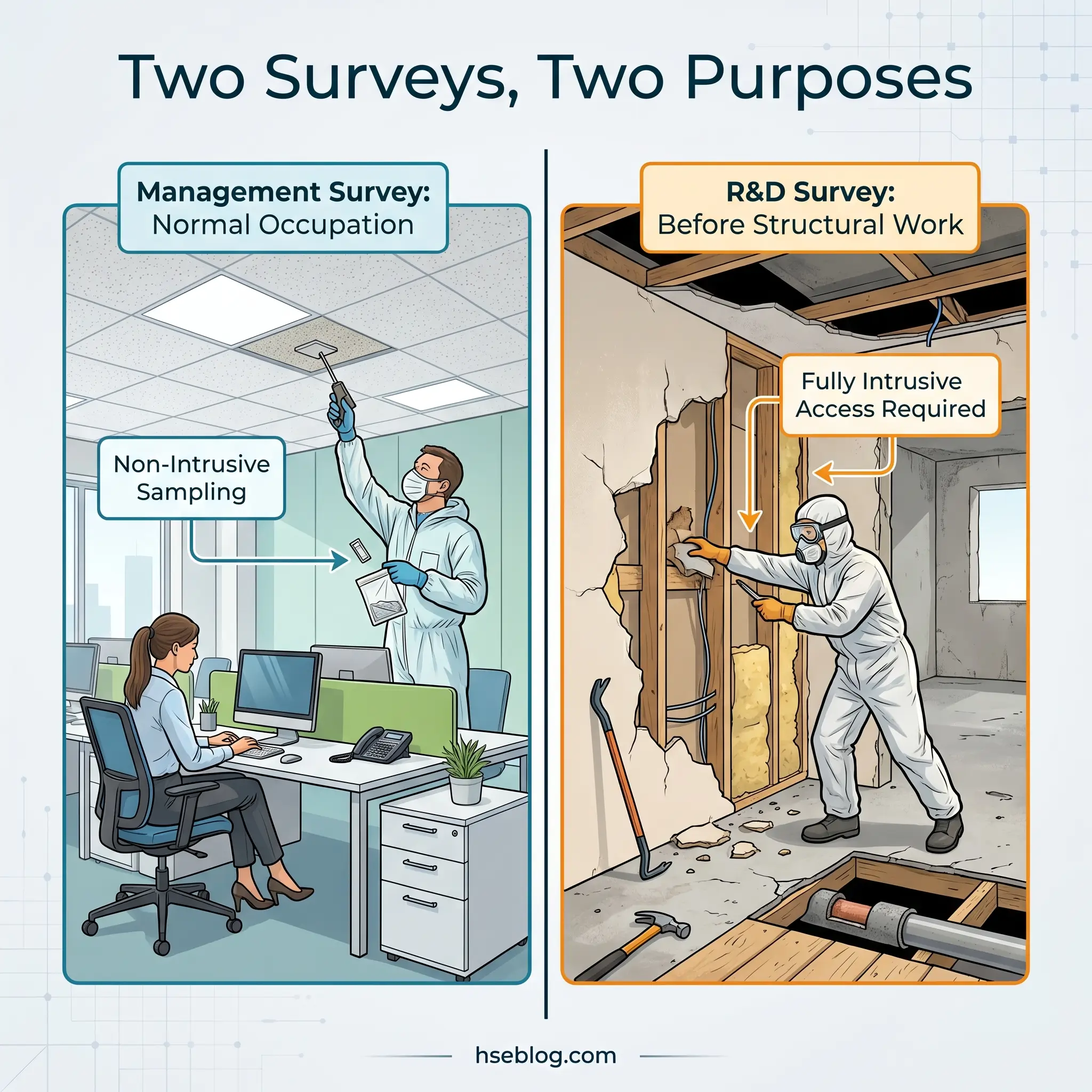 Illustration comparing two workplace survey methods: management survey using non-intrusive sampling in an office setting, and R&D survey requiring fully intrusive access in a construction area with structural work.