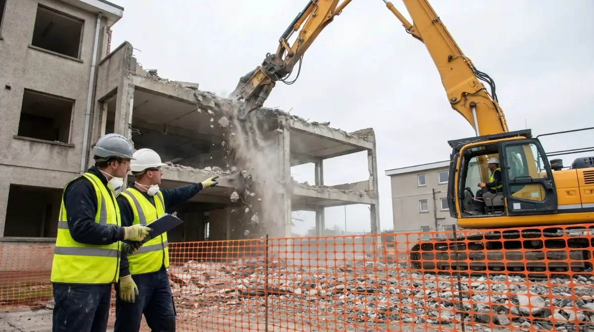 Two construction workers in hard hats and safety vests observe an excavator with hydraulic breaker demolishing a concrete building structure, with dust and debris visible behind orange safety fencing.
