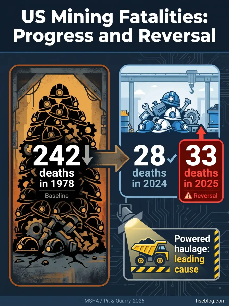 Infographic showing US mining fatalities declining from 242 deaths in 1978 to 28 in 2024, then reversing to 33 deaths in 2025, with powered haulage identified as the leading cause.