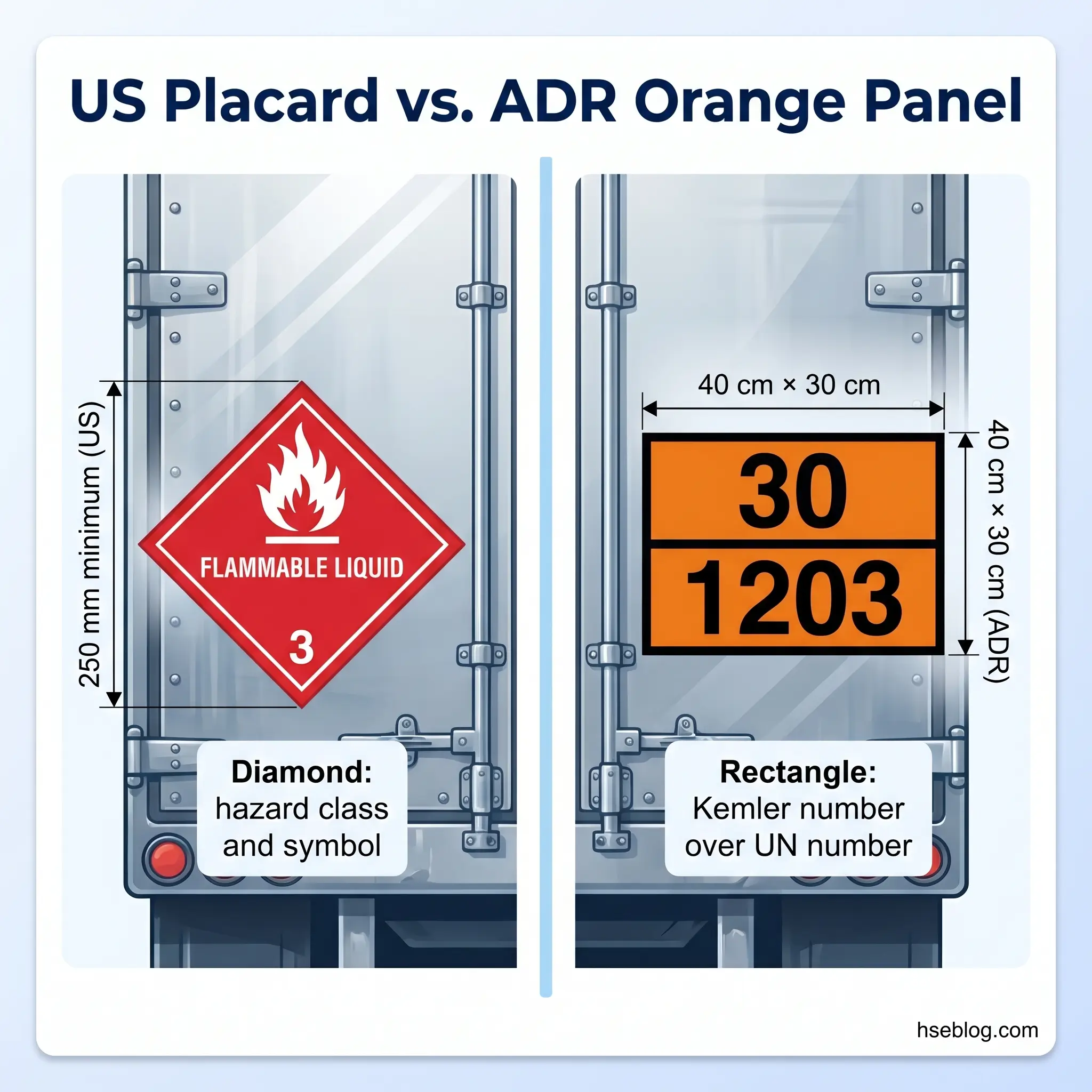 Comparison of hazmat labeling standards showing US Placard diamond-shaped red flammable liquid label versus ADR Orange Panel rectangular label with UN number for international transport.