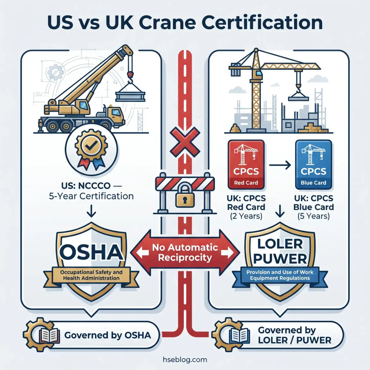 Comparison chart showing US NCCCO crane certification governed by OSHA versus UK CPCS certification governed by LOLER PUWER, highlighting differences in validity periods and lack of automatic reciprocity between the two systems.