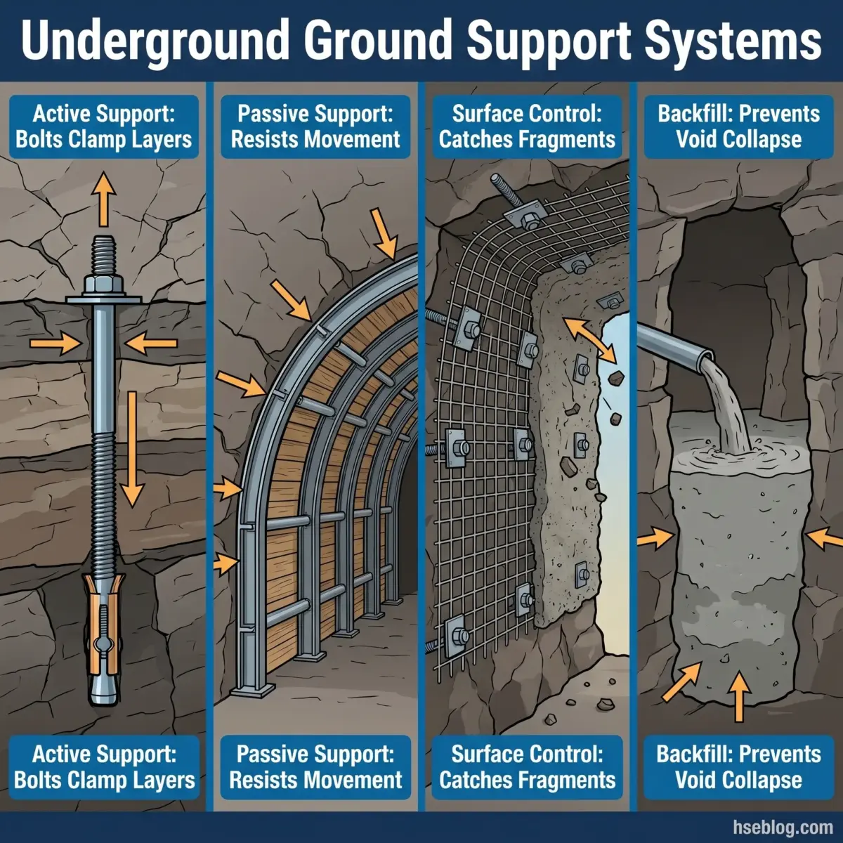 Illustration showing four underground ground support systems used in mining: active support bolts, passive support beams, surface control mesh, and backfill material, each with arrows indicating force directions and functions.
