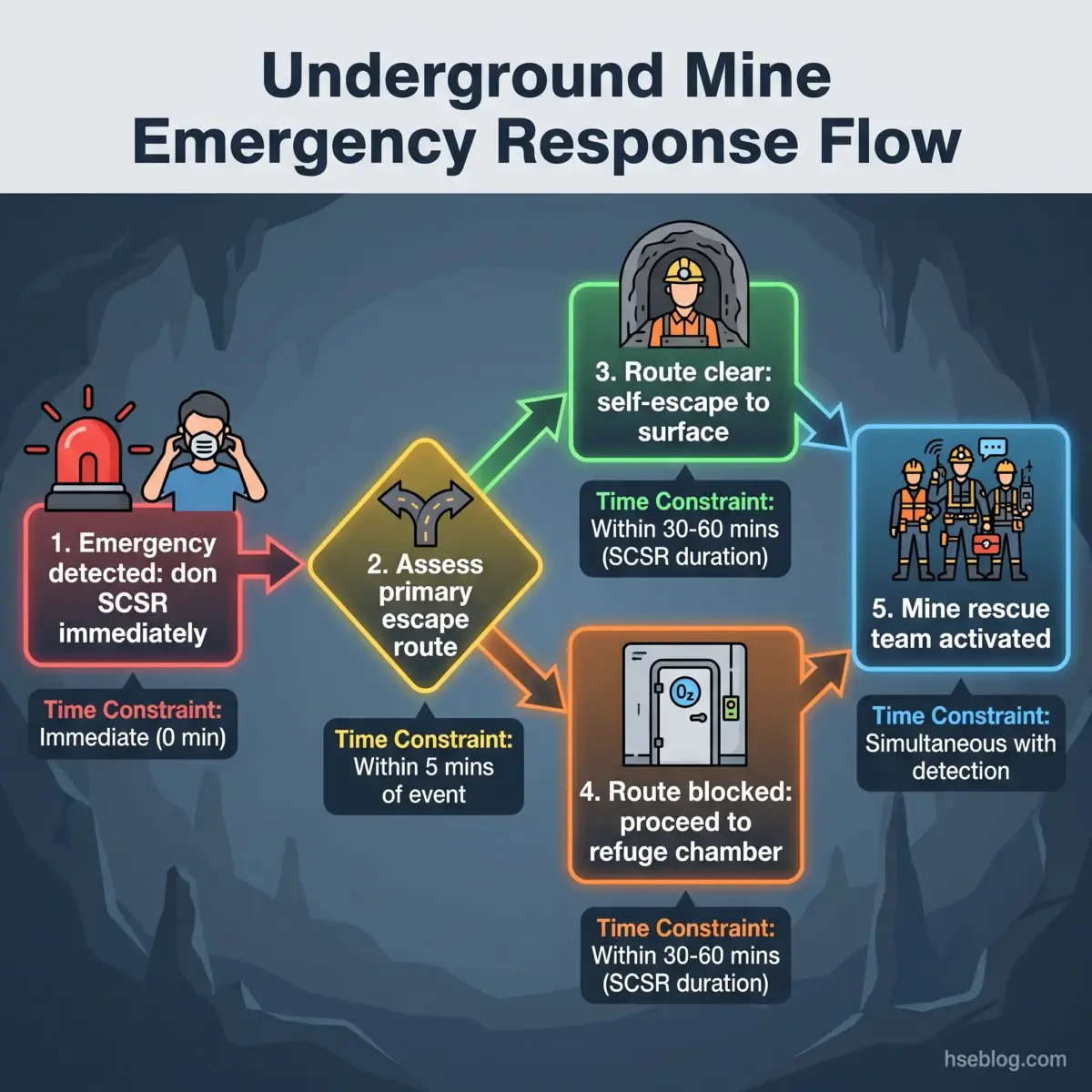 Flowchart showing underground mine emergency response procedure with five sequential steps: detection triggering SCSR use, assessment of escape route within five minutes, self-escape to surface or refuge chamber within 30-60 minutes, and mine rescue team activation.