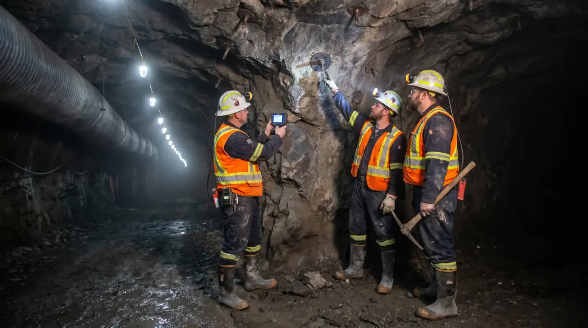 Four mine workers in safety gear and hard hats conduct an inspection inside an underground tunnel, with one holding a measuring device while examining the rock face under bright LED lighting.