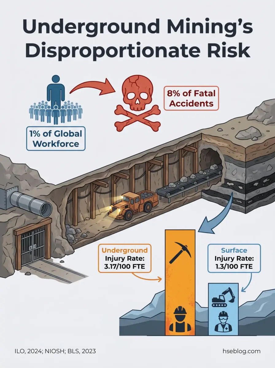 Infographic showing underground mining's disproportionate fatal accident risk, comparing injury rates of 3.17 per 100 full-time employees underground versus 1.3 surface, accounting for 8% of global fatal accidents despite employing only 1% of the workforce.
