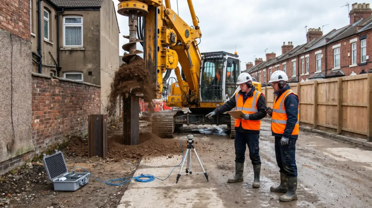 Two construction workers in safety vests and hard hats consult plans while operating a yellow excavator on a residential street lined with brick terraced houses.