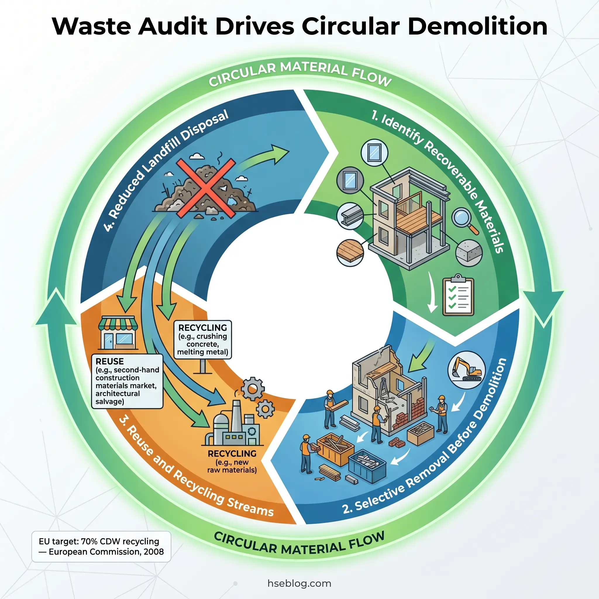 Circular diagram showing waste audit process for demolition, with four stages: identifying recoverable materials, selective removal before demolition, reuse and recycling streams, and reduced landfill disposal, connected by green arrows indicating circular material flow.