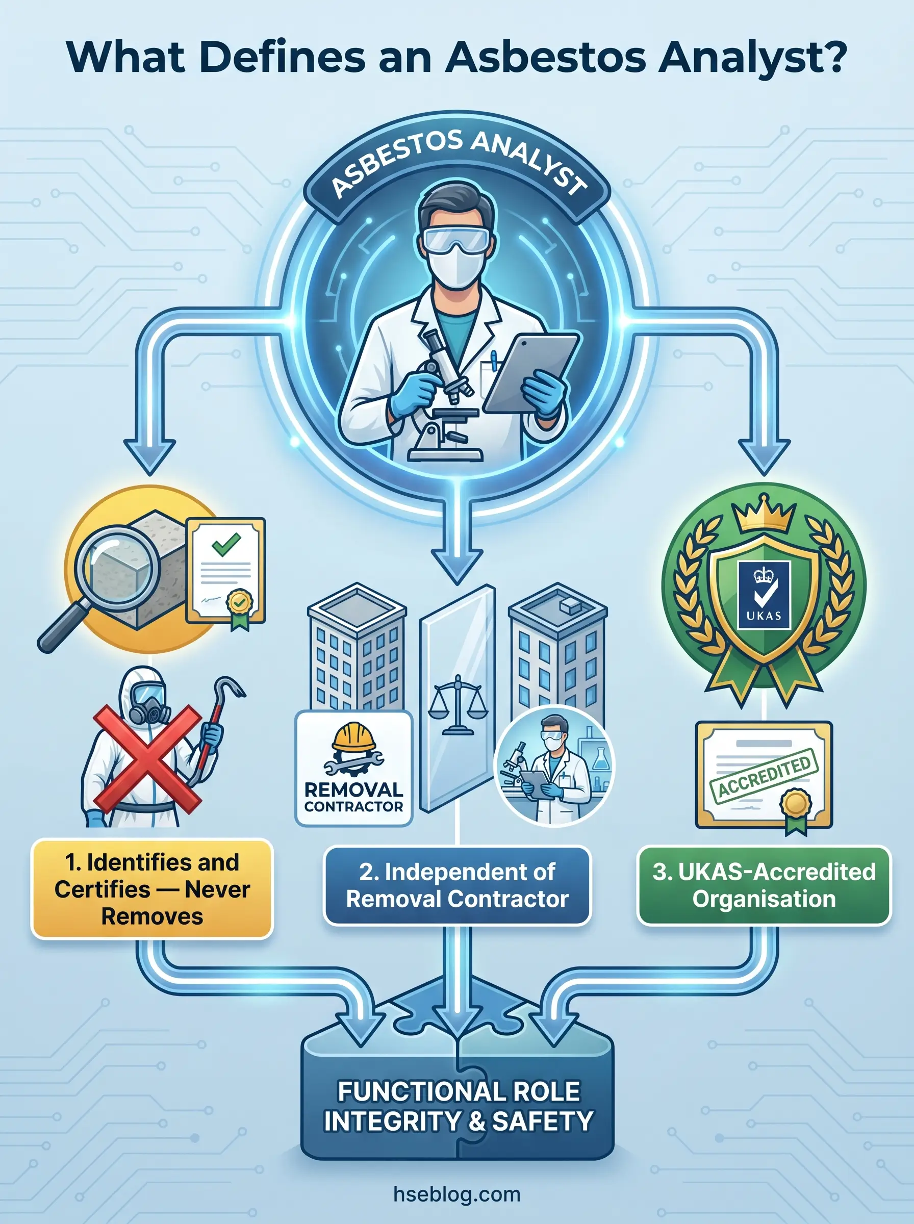 Infographic showing three defining characteristics of an asbestos analyst: identifies and certifies asbestos without removing it, works independently from removal contractors, and holds UKAS accreditation for professional integrity and safety.