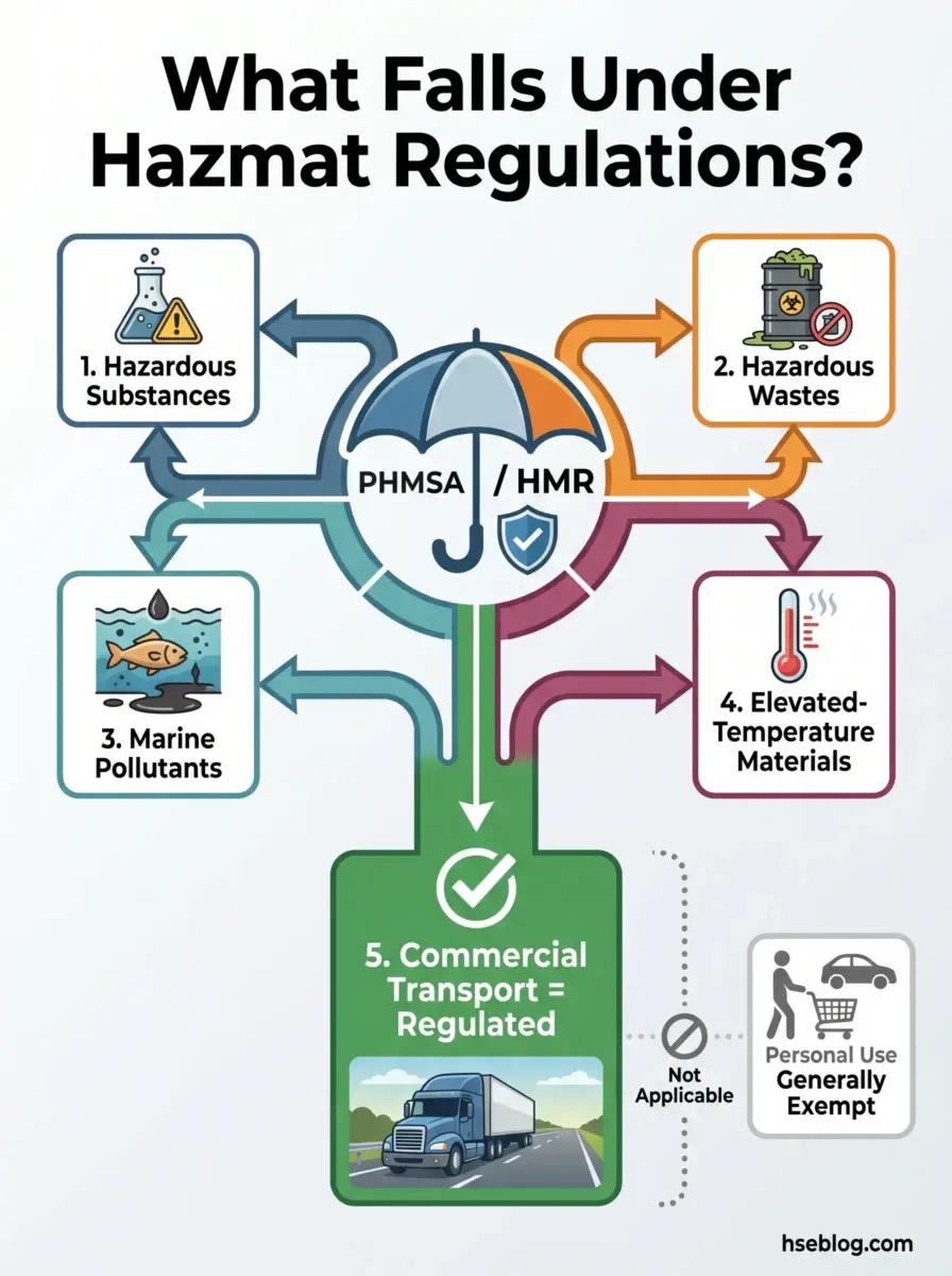 Infographic showing five categories regulated under PHMSA and HMR hazmat regulations: hazardous substances, hazardous wastes, marine pollutants, elevated-temperature materials, and commercial transport, with personal use generally exempt.
