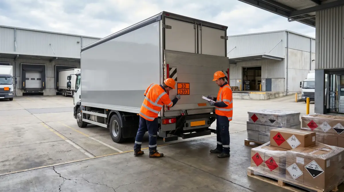 Two workers in orange safety vests and hard hats inspect the rear of a commercial delivery truck at an industrial warehouse facility, with hazardous materials boxes nearby.
