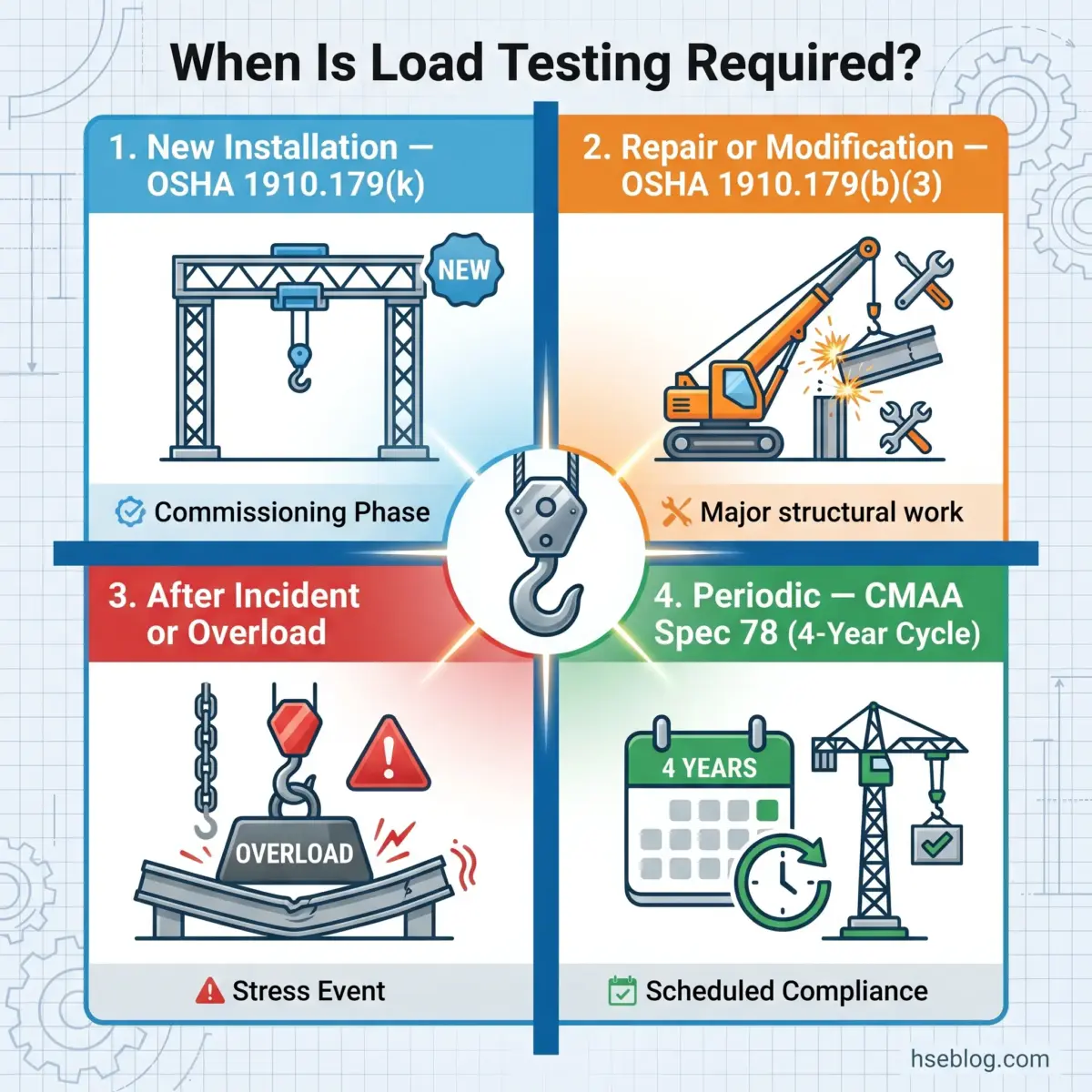 Infographic showing four scenarios requiring load testing for lifting equipment: new installations during commissioning, repairs or modifications involving major structural work, after incidents or overloads, and periodic inspections every four years per CMAA Spec 78.