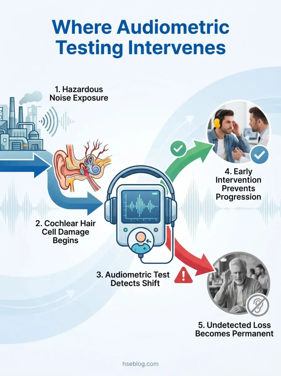 Infographic showing how audiometric testing detects hearing loss early, illustrating the progression from hazardous noise exposure through cochlear damage to permanent hearing loss and the importance of early intervention.