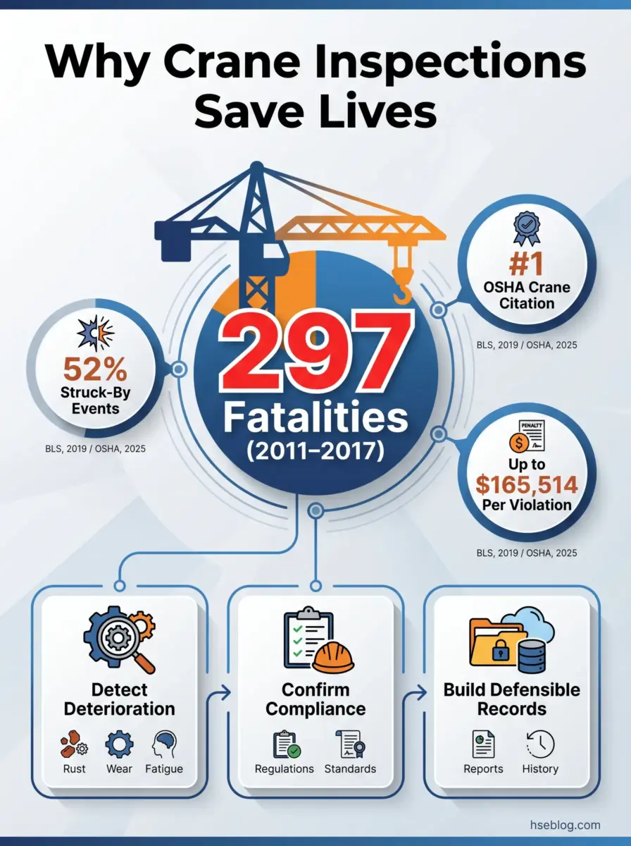 Infographic explaining crane safety inspections, showing 297 fatalities from 2011-2017, OSHA citations, penalties, and three key inspection steps: detecting deterioration, confirming compliance, and building defensible records.