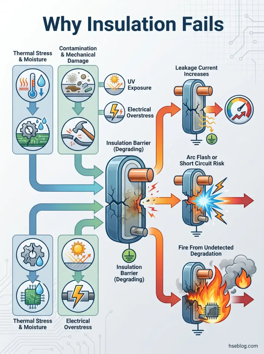 Infographic showing how insulation fails through thermal stress, moisture, contamination, UV exposure, and electrical overstress, leading to degradation, leakage current, arc flash, short circuits, and fire hazards in electrical systems.