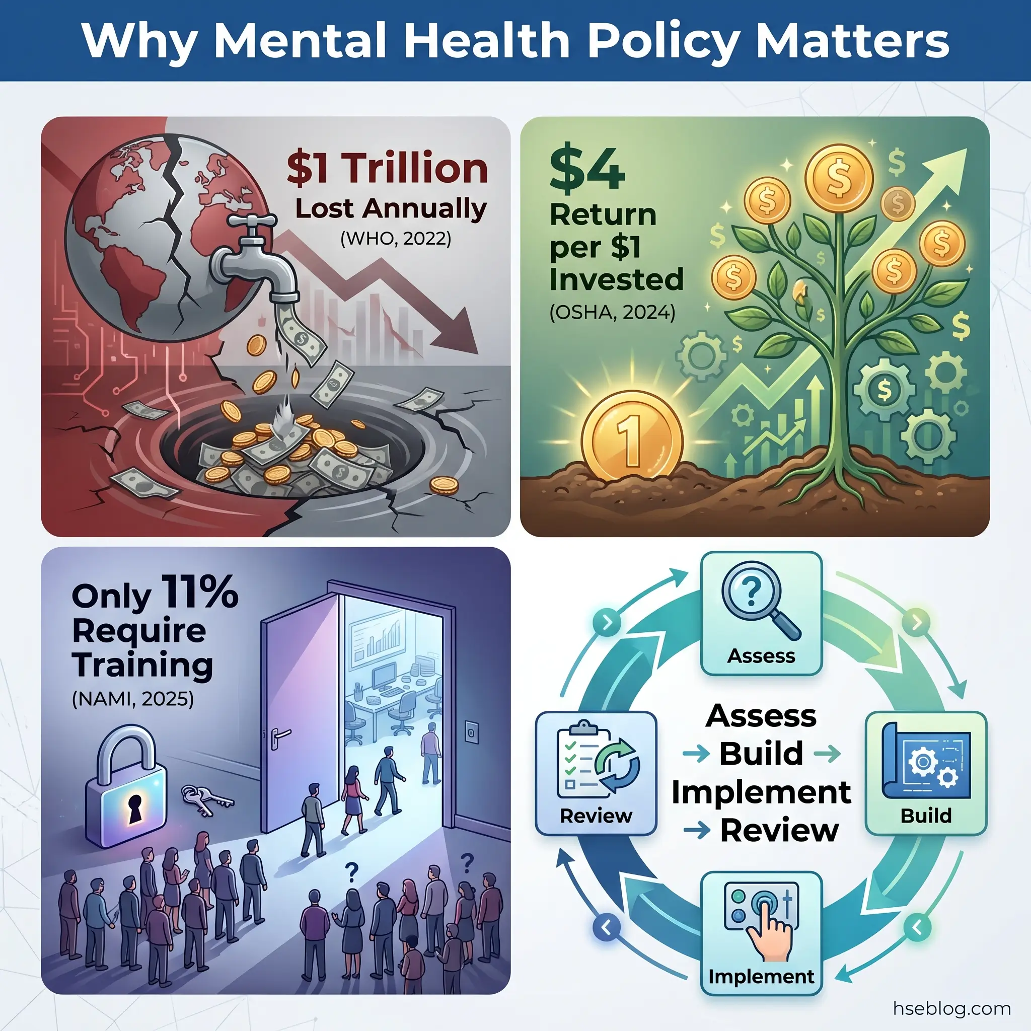 Infographic showing four key reasons mental health policy matters: $1 trillion annual economic loss, $4 return per $1 invested, only 11% requiring training, and a cyclical assess-build-implement-review framework.