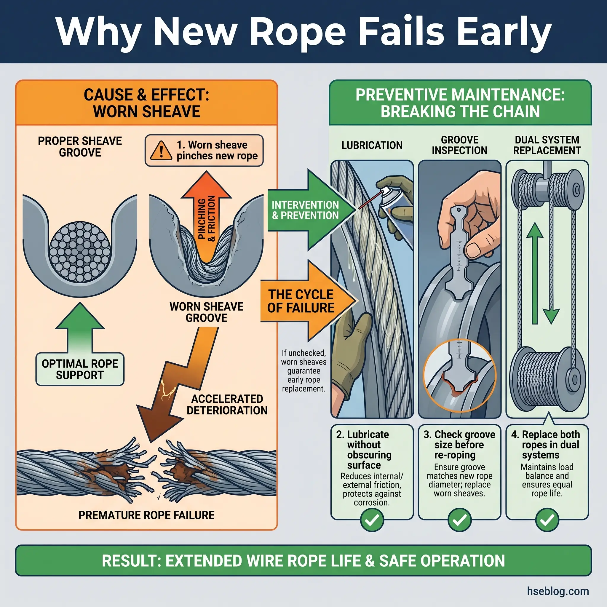 Infographic explaining why new wire rope fails prematurely due to worn sheave grooves, with diagrams showing the failure cycle and preventive maintenance steps including lubrication, groove inspection, and dual system replacement.