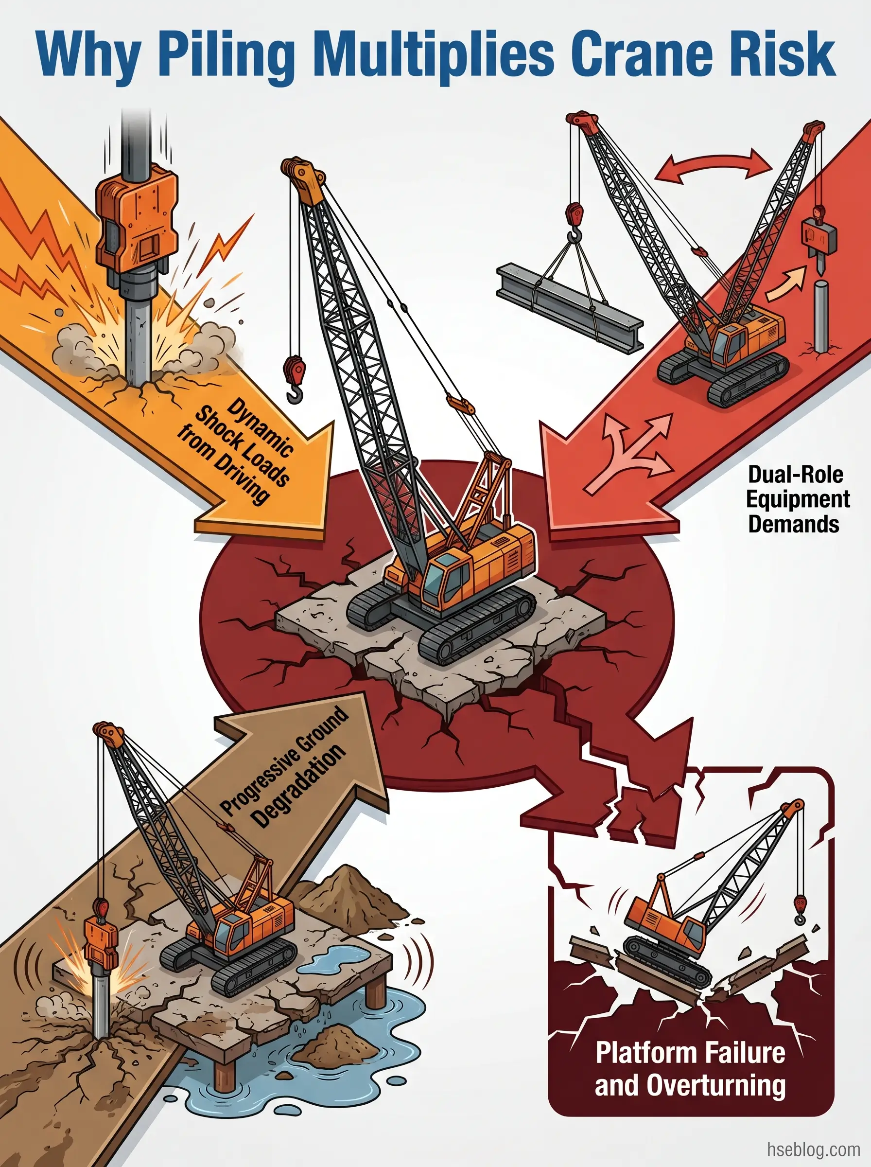 Infographic showing four risks of piling multiple cranes: dynamic shock loads from driving, dual-role equipment demands, progressive ground degradation, and platform failure with overturning hazards.