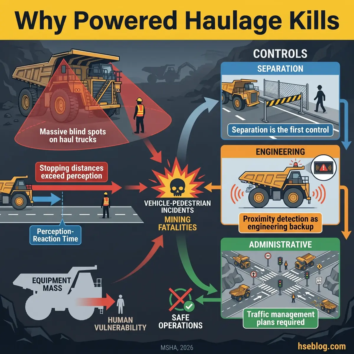 Infographic explaining hazards of powered haulage in mining, showing blind spots, stopping distances, and control measures including separation, proximity detection, and traffic management to prevent vehicle-pedestrian fatalities.