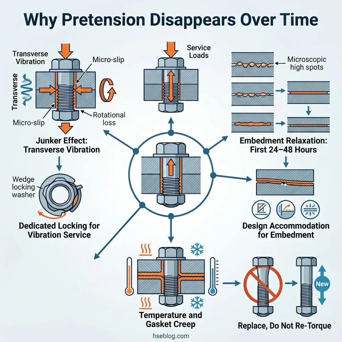Diagram explaining why bolt pretension diminishes over time, showing transverse vibration, micro-slip, service loads, embedment relaxation, temperature effects, and gasket creep as contributing factors.