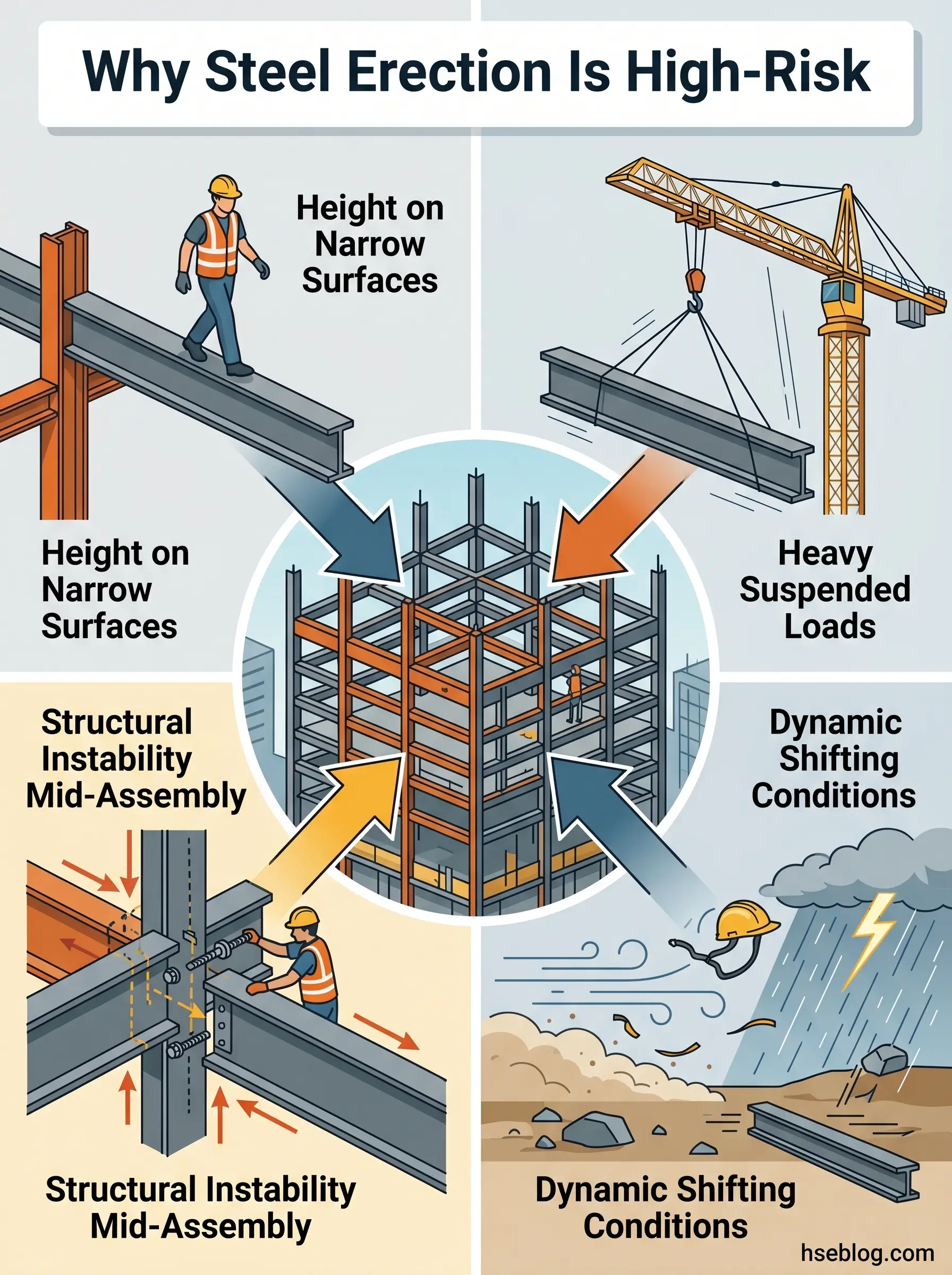 Infographic showing five major hazards of steel erection construction: working at heights on narrow surfaces, heavy suspended loads, structural instability during mid-assembly, and dynamic shifting conditions from weather.