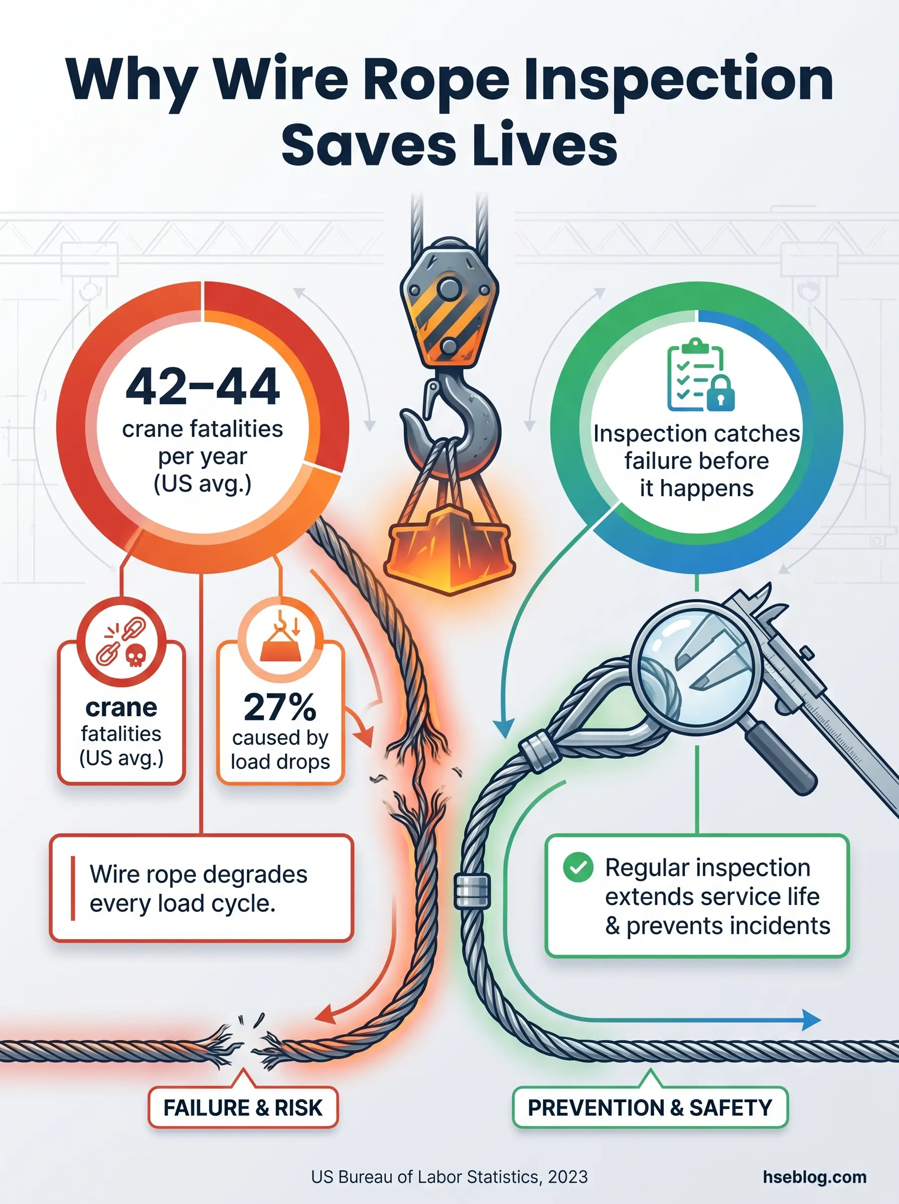 Infographic showing why wire rope inspection prevents crane accidents, comparing failure risks including 42-44 annual fatalities and 27% caused by load drops, with prevention benefits of early failure detection and extended service life.