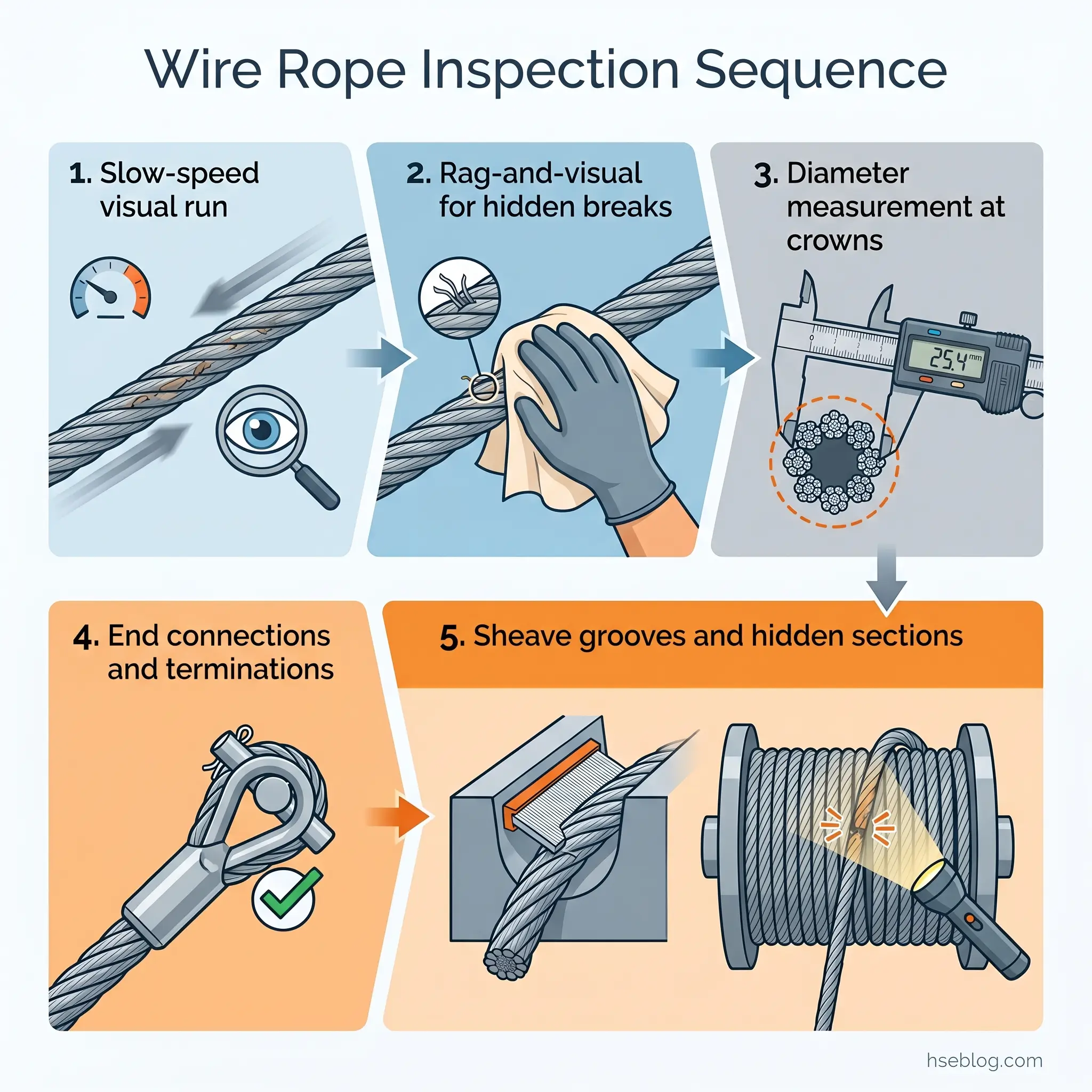 Illustrated step-by-step wire rope inspection process showing visual examination, diameter measurement with calipers, end connection checks, and sheave groove inspection techniques.