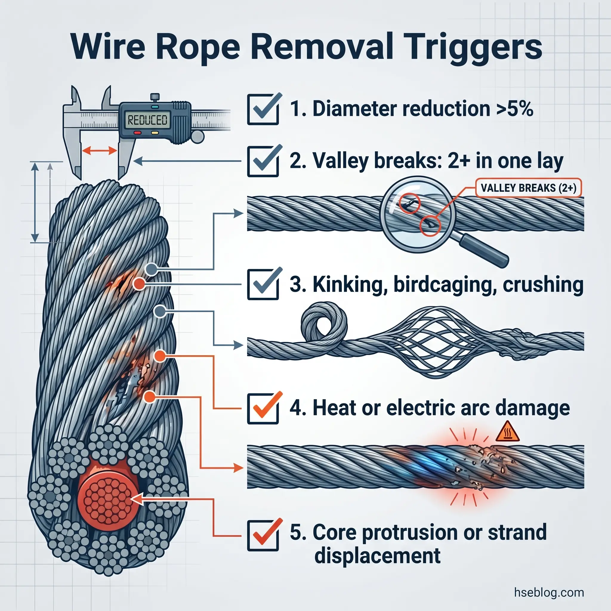 Infographic showing five wire rope removal triggers: diameter reduction over 5%, valley breaks, kinking and birdcaging, heat or electric arc damage, and core protrusion with visual examples of each condition.