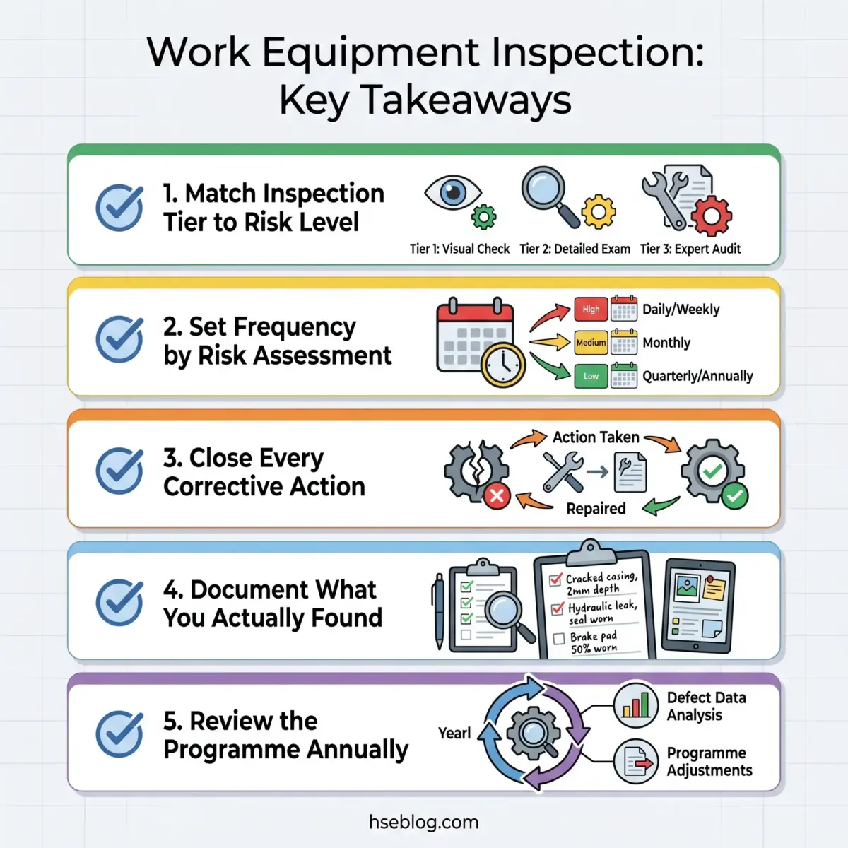 Infographic showing five key steps for work equipment inspection: matching inspection tier to risk level, setting inspection frequency by risk assessment, closing corrective actions, documenting findings, and reviewing the programme annually.