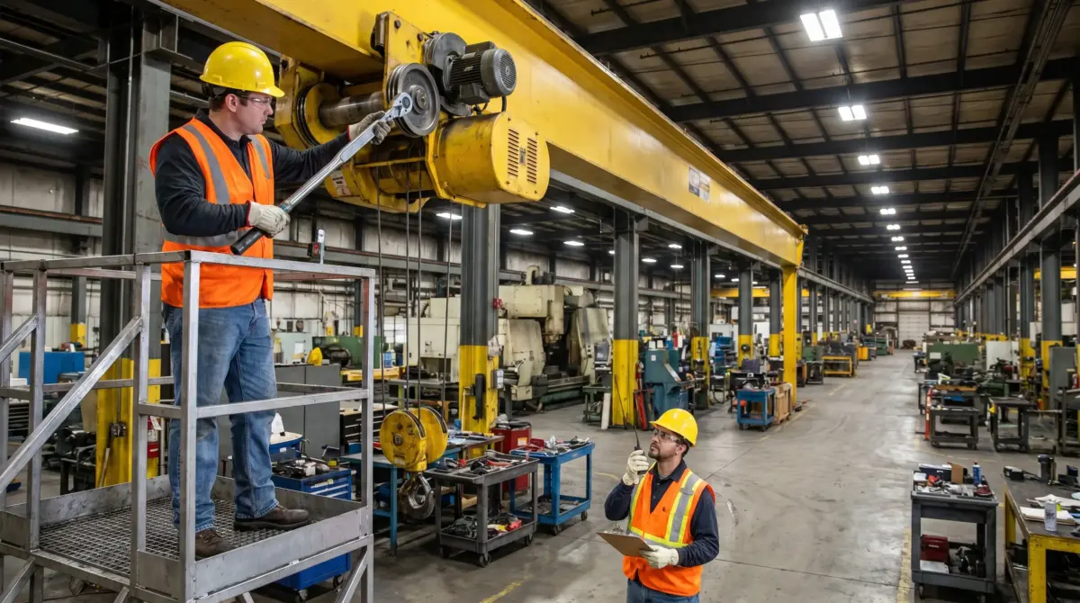 Worker in safety vest and hard hat adjusts overhead crane hoist mechanism in industrial factory floor with machinery and equipment visible throughout the warehouse.
