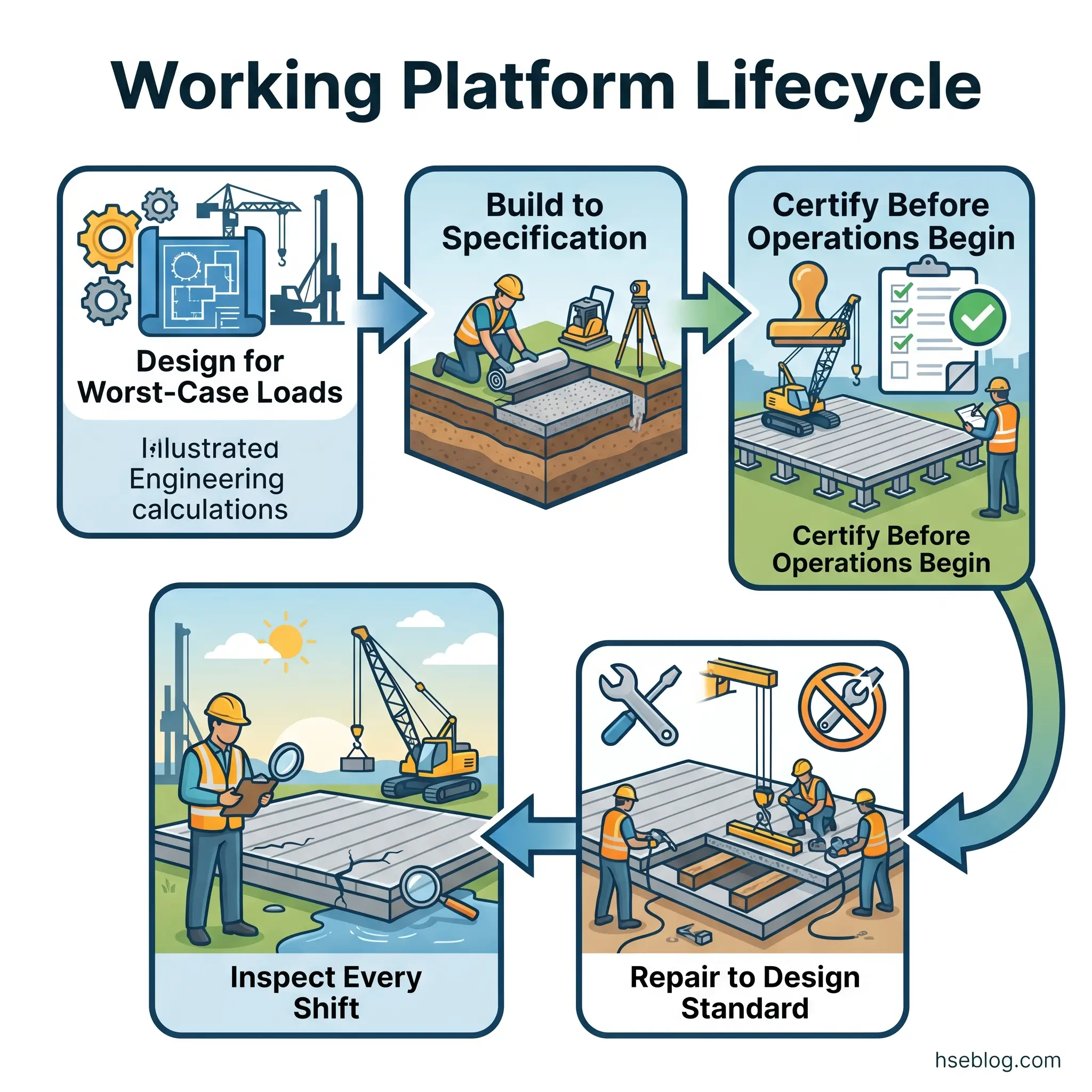 Diagram showing the four-stage working platform lifecycle: design for worst-case loads, build to specification, certify before operations begin, and inspect every shift with repairs to design standard as needed.