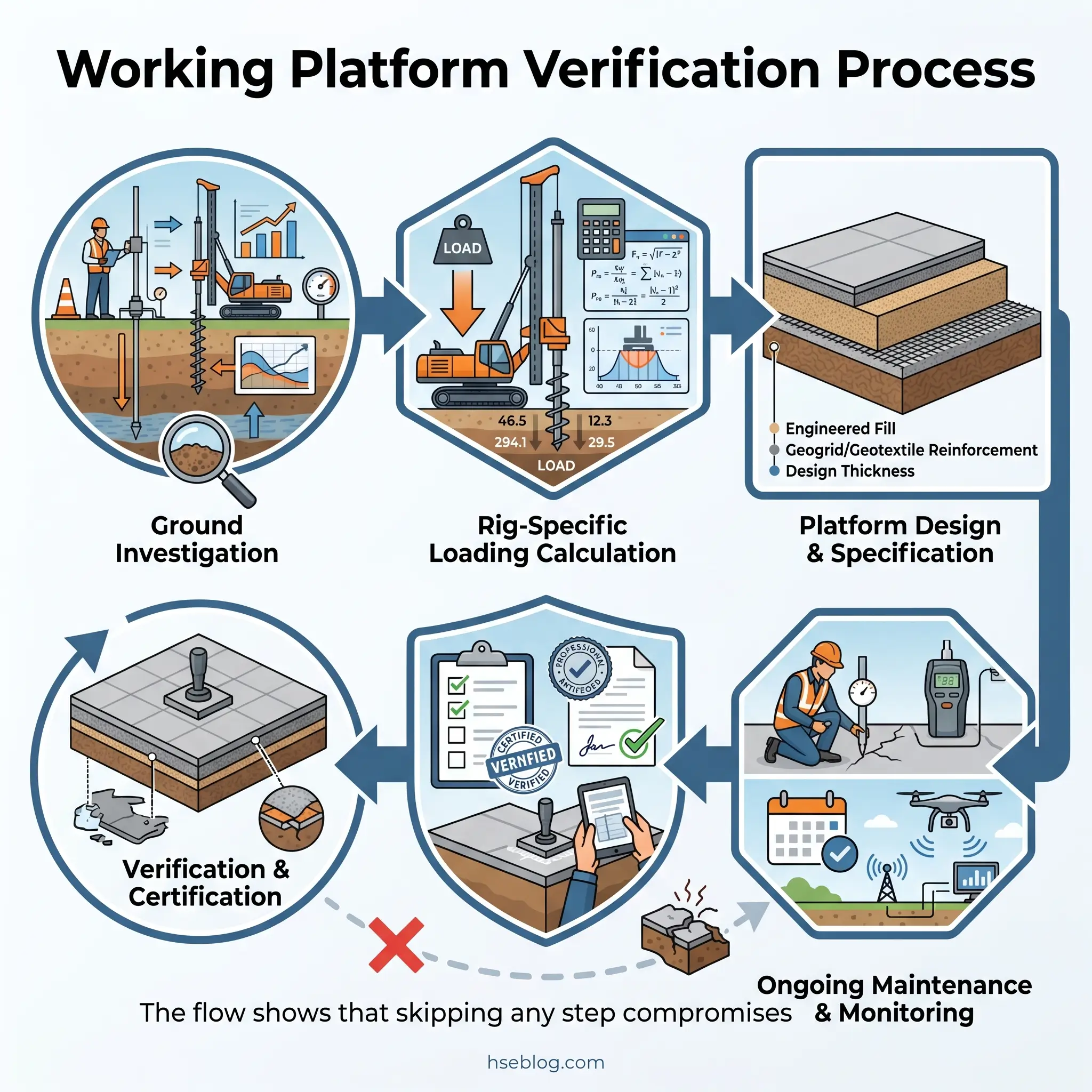 Infographic showing the five-step working platform verification process: ground investigation, rig-specific loading calculation, platform design and specification, ongoing maintenance and monitoring, and verification and certification.