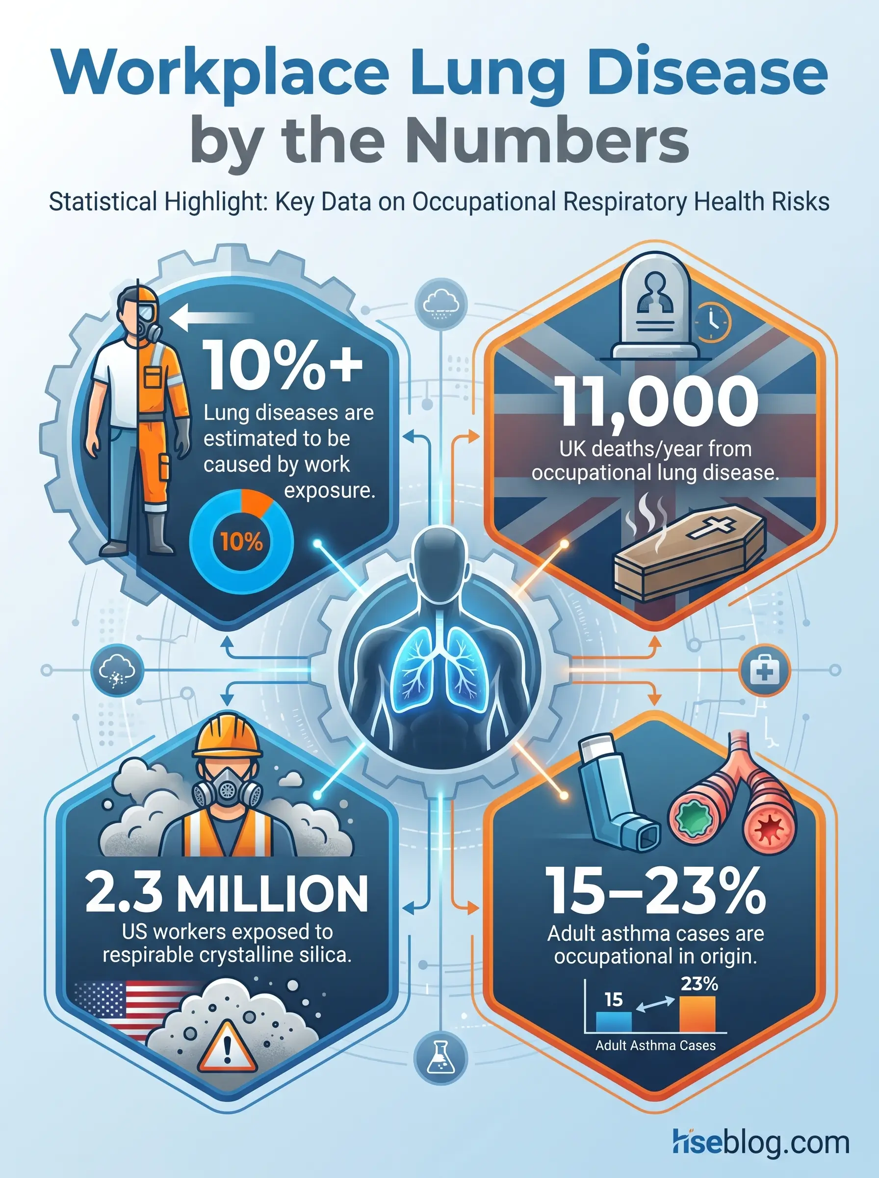 Infographic showing workplace lung disease statistics including 10% caused by work exposure, 11,000 UK deaths annually, 2.3 million US workers exposed to silica, and 15-23% of adult asthma cases being occupational in origin.