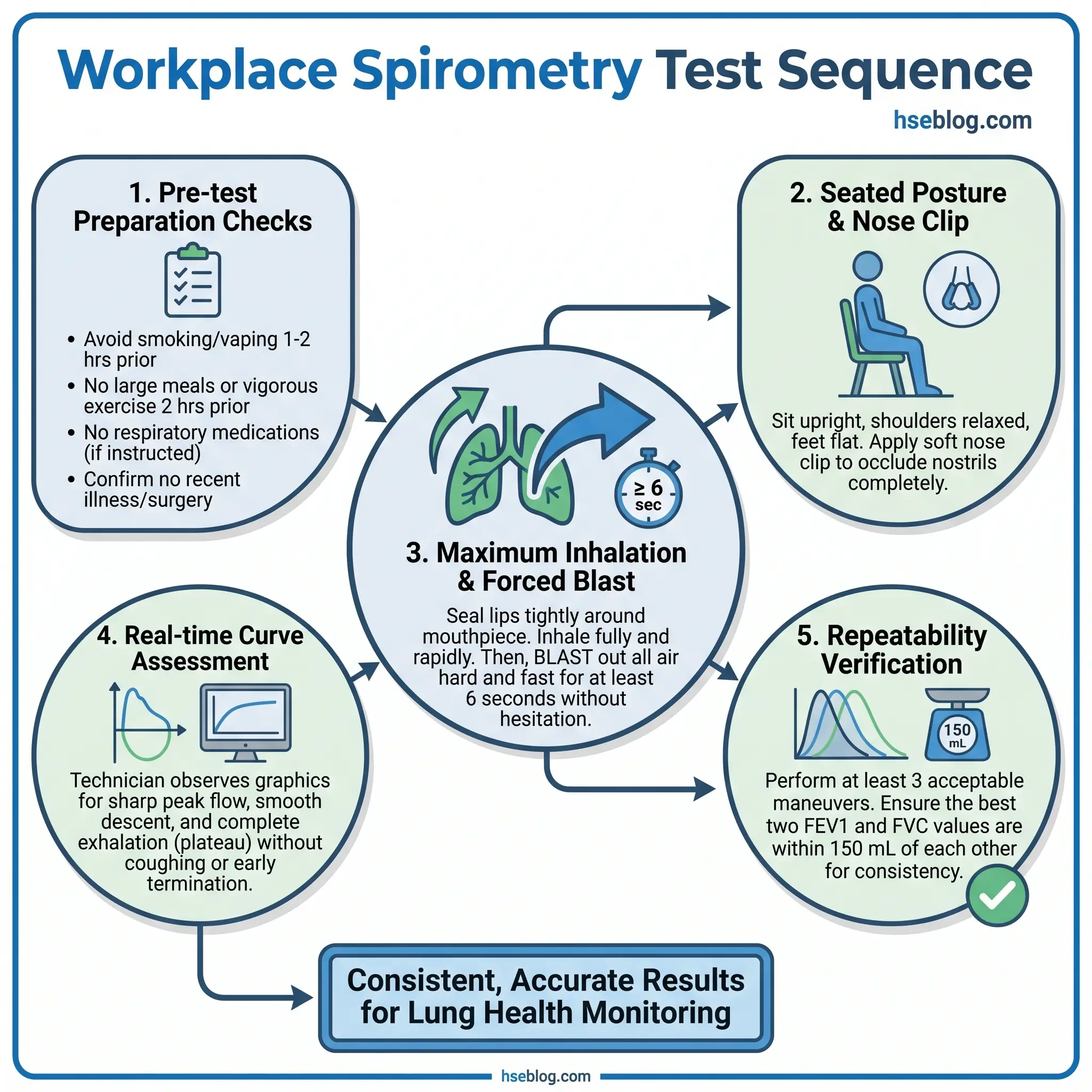 Five-step workplace spirometry test sequence showing pre-test preparation checks, seated posture with nose clip, maximum inhalation and forced blast technique, real-time curve assessment, and repeatability verification for accurate lung health monitoring.