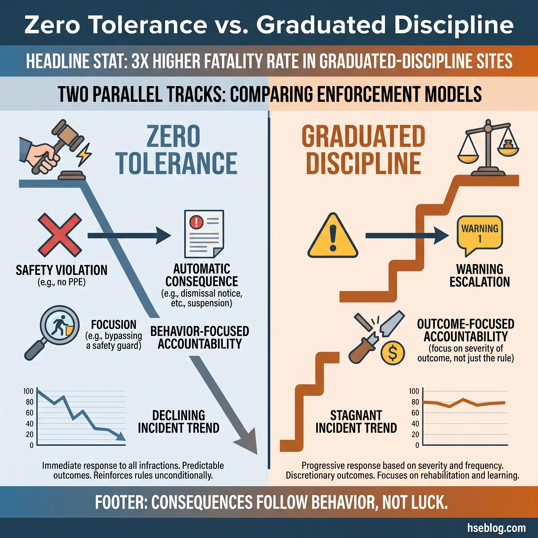 Infographic comparing zero tolerance versus graduated discipline enforcement models in workplace safety, showing how graduated approaches with progressive warnings and outcome-focused accountability result in lower fatality rates than automatic zero tolerance policies.