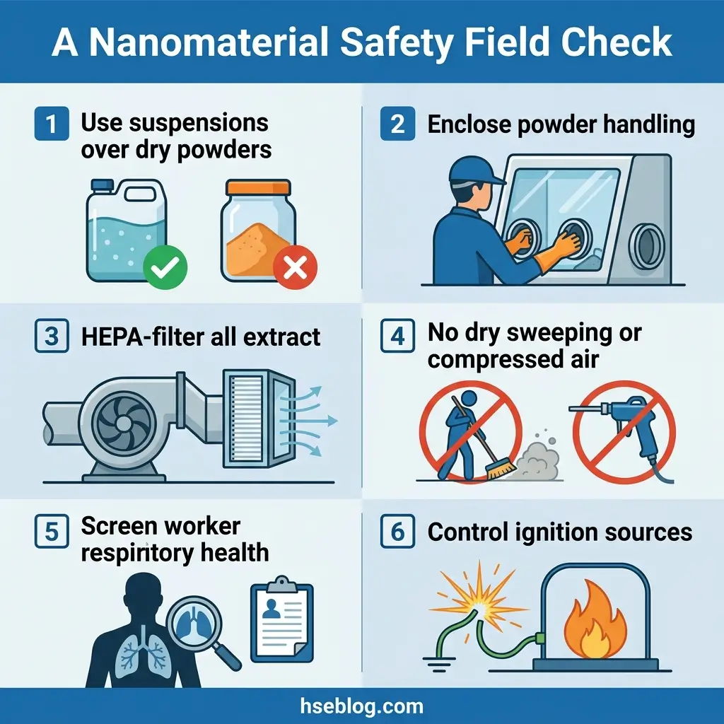 Infographic showing six safety guidelines for handling nanomaterials, including using suspensions over dry powders, enclosing powder handling, HEPA filtering equipment, avoiding dry sweeping, monitoring worker respiratory health, and controlling ignition sources.