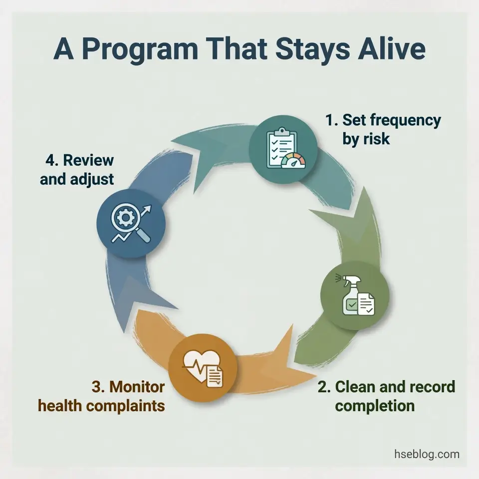 Circular diagram showing four steps of a program management cycle: set frequency by risk, clean and record completion, monitor health complaints, and review and adjust, each with corresponding icons.