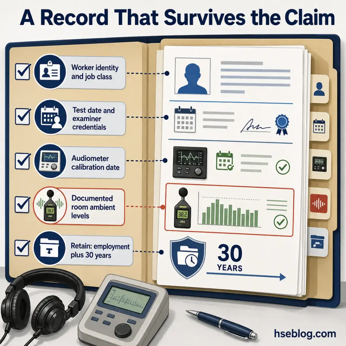 Infographic showing five requirements for maintaining occupational health records during noise exposure claims, including worker identity, test dates, audiometer calibration, documented ambient noise levels, and 30-year retention period.