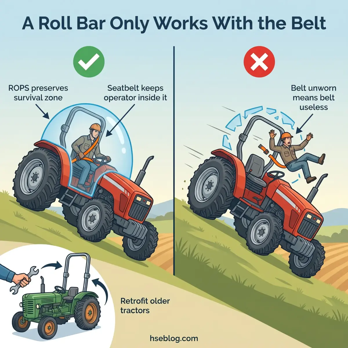 Infographic comparing safe and unsafe tractor operation, showing how roll bars work with seatbelts to protect operators during rollovers versus ejection without proper restraints.