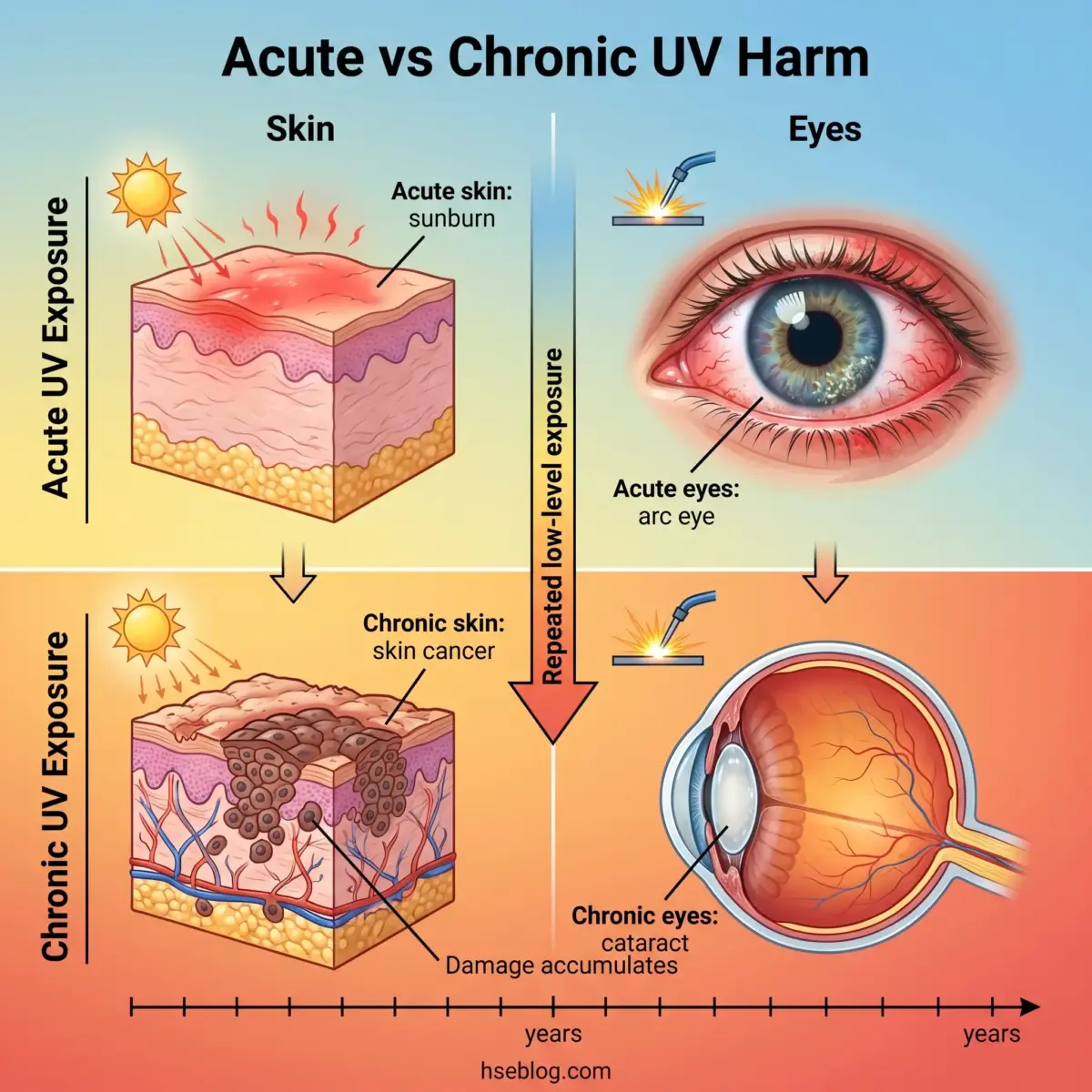 Infographic comparing acute and chronic UV damage to skin and eyes, showing sunburn and arc eye as immediate effects, and skin cancer and cataracts as long-term consequences of repeated sun exposure over years.