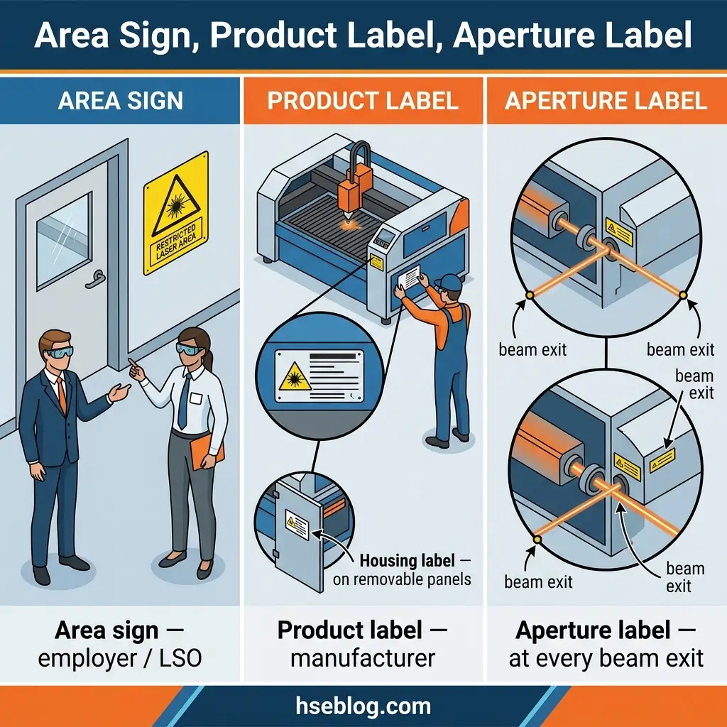 Infographic showing three types of laser safety labels: area signs posted by employers at entrances, product labels on equipment from manufacturers, and aperture labels marking beam exits on laser devices.