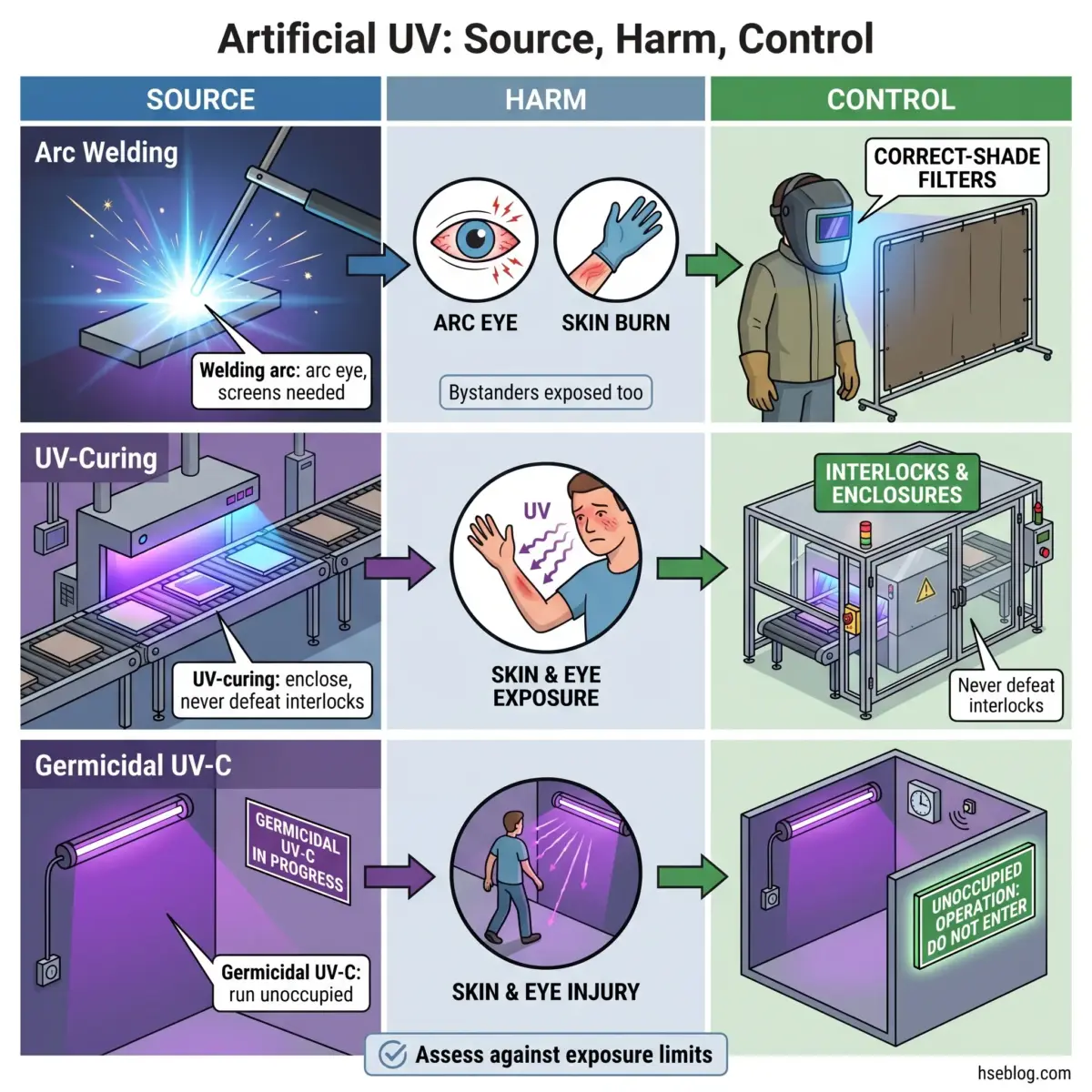Infographic showing three artificial UV sources with their hazards and safety controls: arc welding causes eye and skin damage requiring shade filters, UV-curing poses exposure risks needing interlocked enclosures, and germicidal UV-C requires unoccupied operation with warning signs.