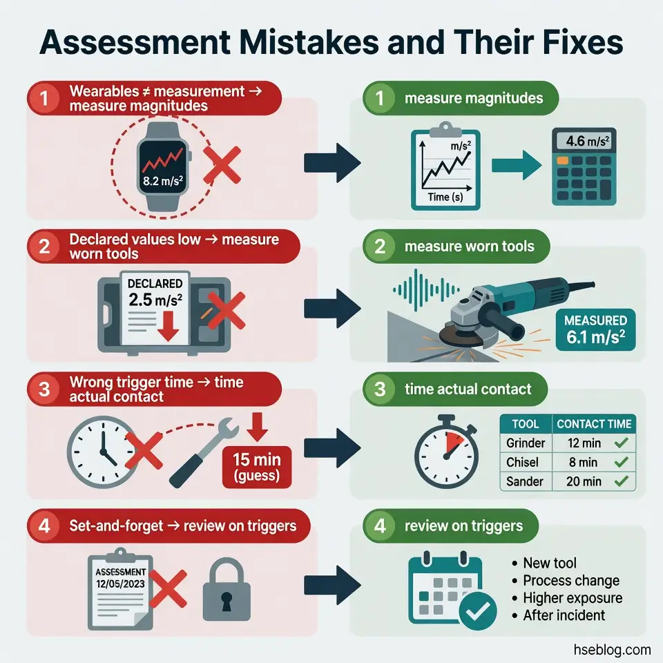 Infographic showing four common assessment mistakes in workplace safety and their corrections, including measuring tool vibration magnitudes, checking worn equipment, tracking actual tool contact time, and scheduling assessment reviews.