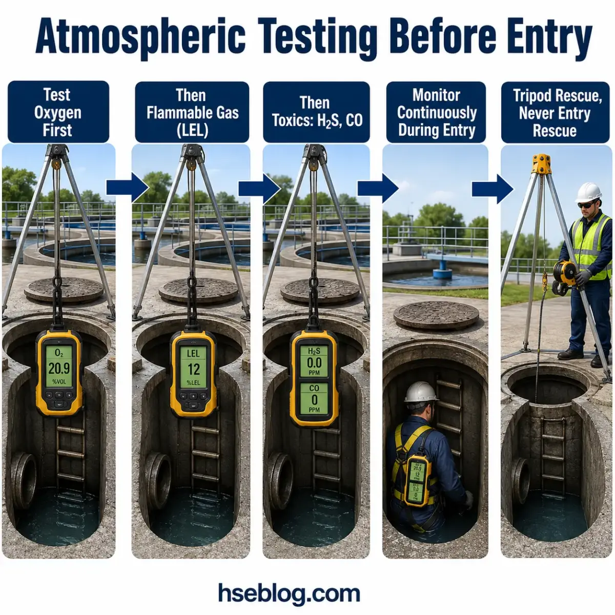 Step-by-step confined space atmospheric testing procedure showing oxygen, flammable gas, and toxic gas measurements before worker entry, with tripod rescue equipment setup.